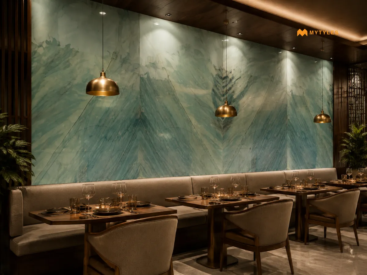 Green Bookmatch Marble Wall Tile in Restaurant